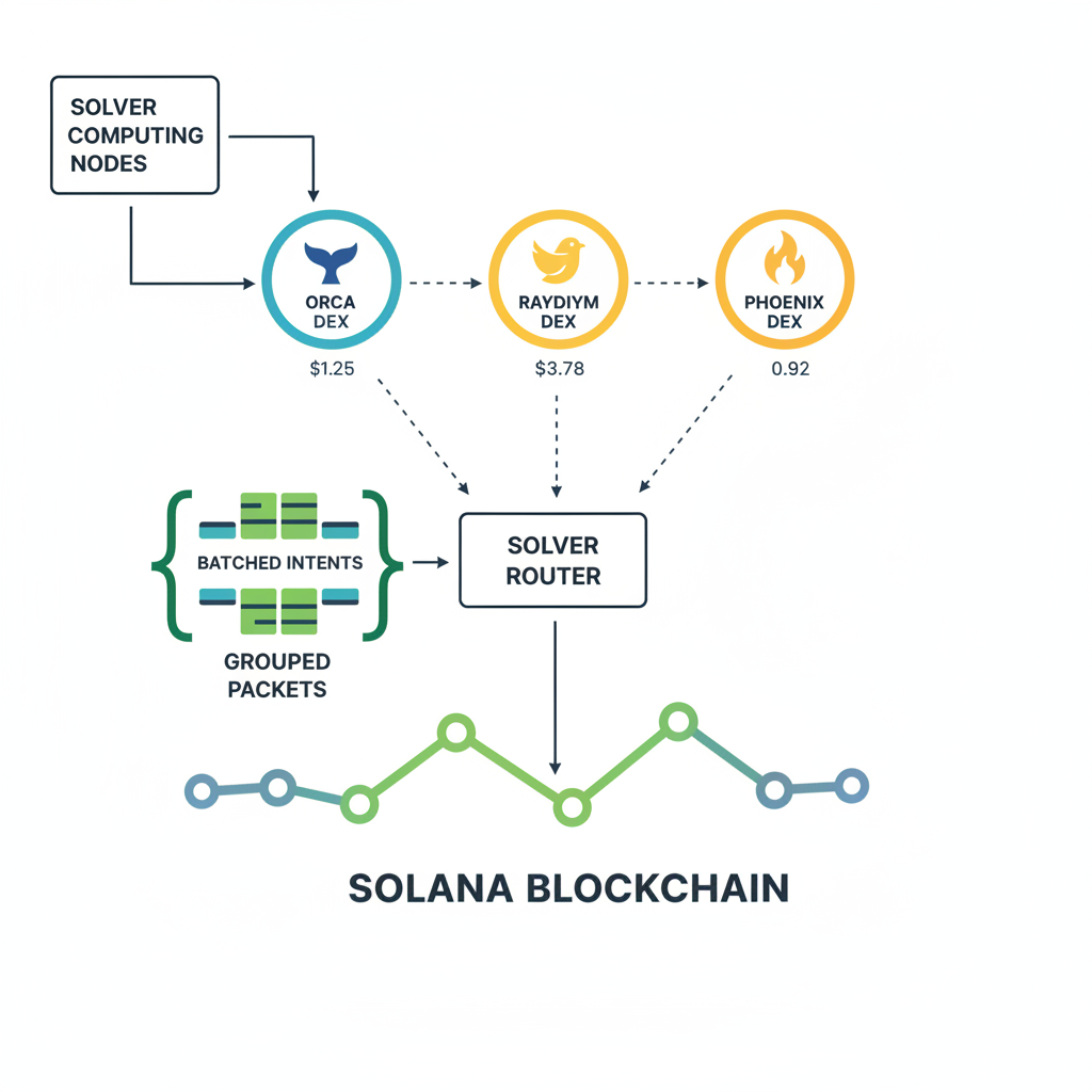 solvers computing nodes scanning Raydium Orca Phoenix DEX icons, quoting prices back to SolverRouter, batched intents visualized as grouped packets, strategic diagram Solana
