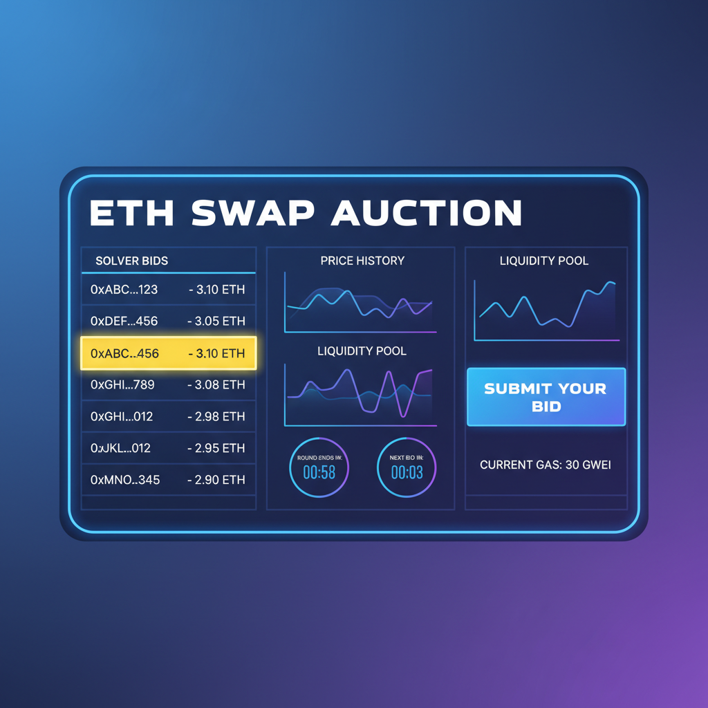 auction board with solver bids for ETH swap, highest bid highlighted, graphs and timers