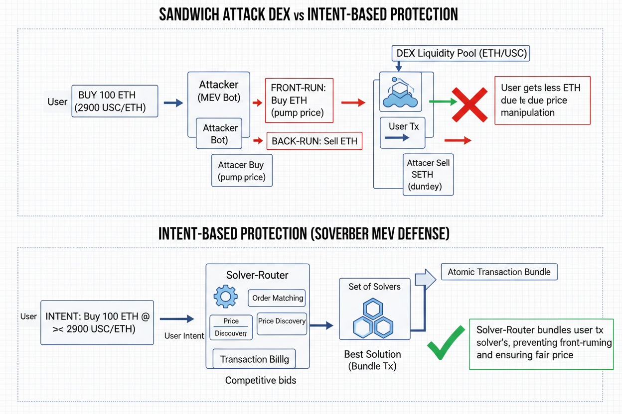 Diagram comparing sandwich attack on traditional DEX versus protected intent-based trade on SolverRouter for MEV protection