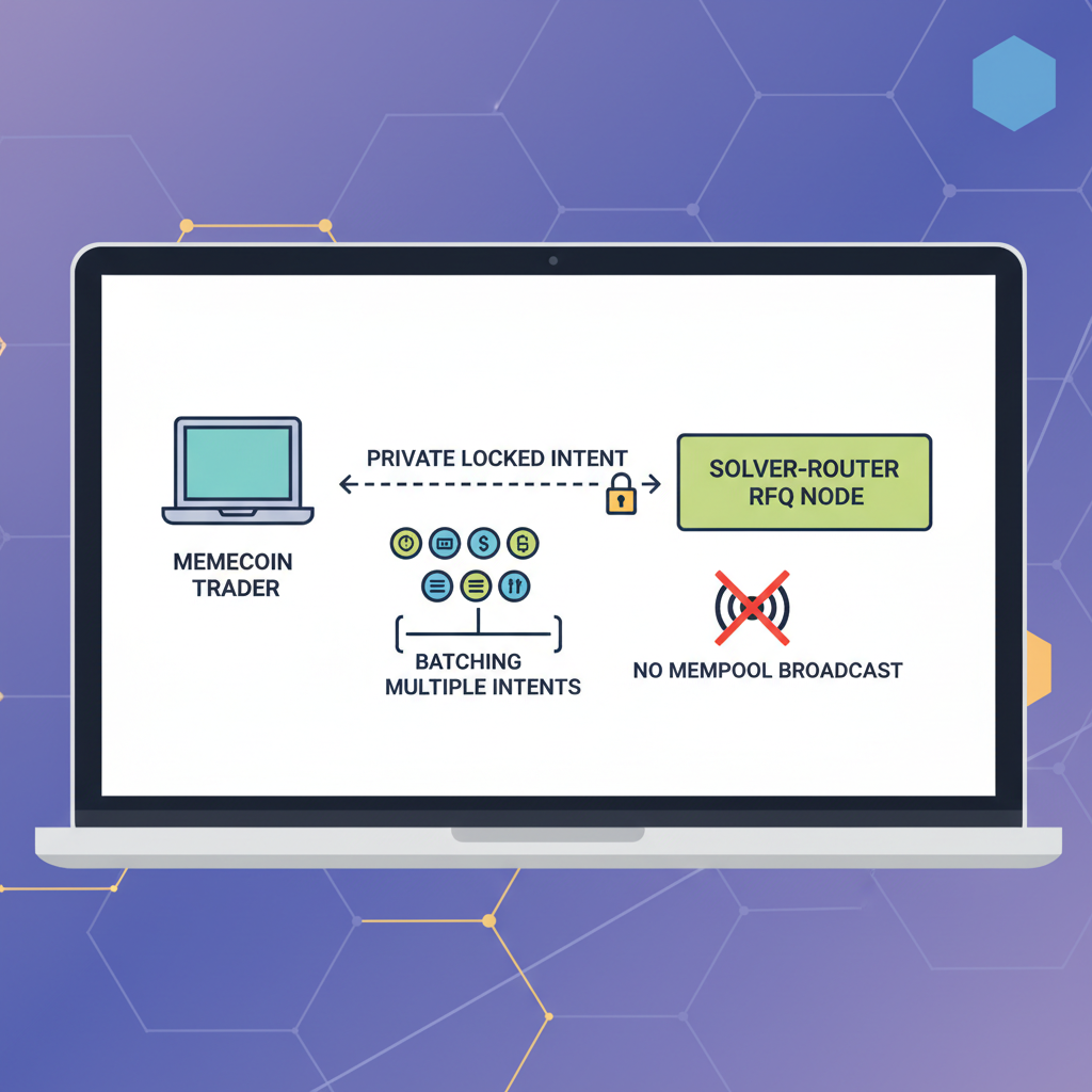 diagram of memecoin trader laptop sending private locked intent arrow to SolverRouter RFQ node, no mempool broadcast, batching multiple intents icons, Solana blockchain background, clean technical illustration