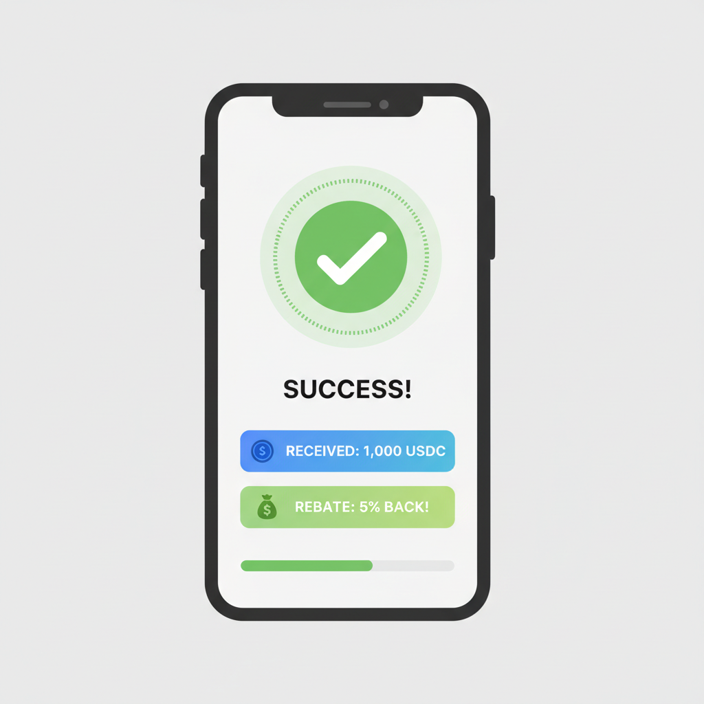 user wallet receiving USDC stablecoins and rebate notification, success checkmark, green glow