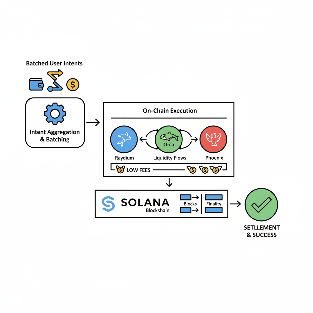 final on-chain execution diagram batched intents settling on Solana blockchain, low fee icons, Raydium Orca Phoenix liquidity flows, success checkmark, professional illustration