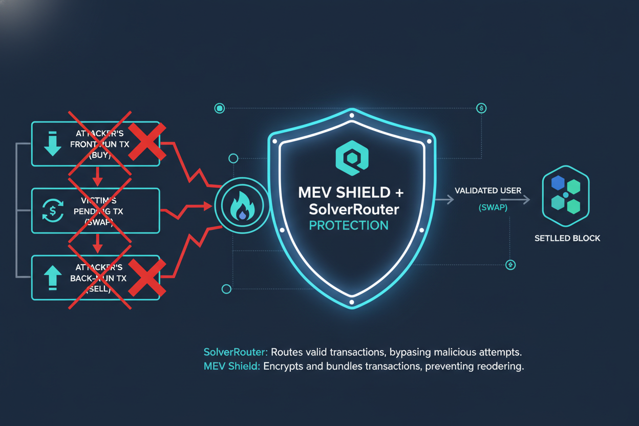 Visual diagram of SolverRouter's MEV Shield blocking a sandwich attack on high-volume crypto trade, protecting users from MEV exploitation