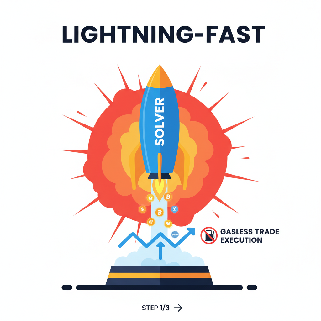 lightning-fast gasless trade execution, solver rocket launching tokens, explosive speed visuals