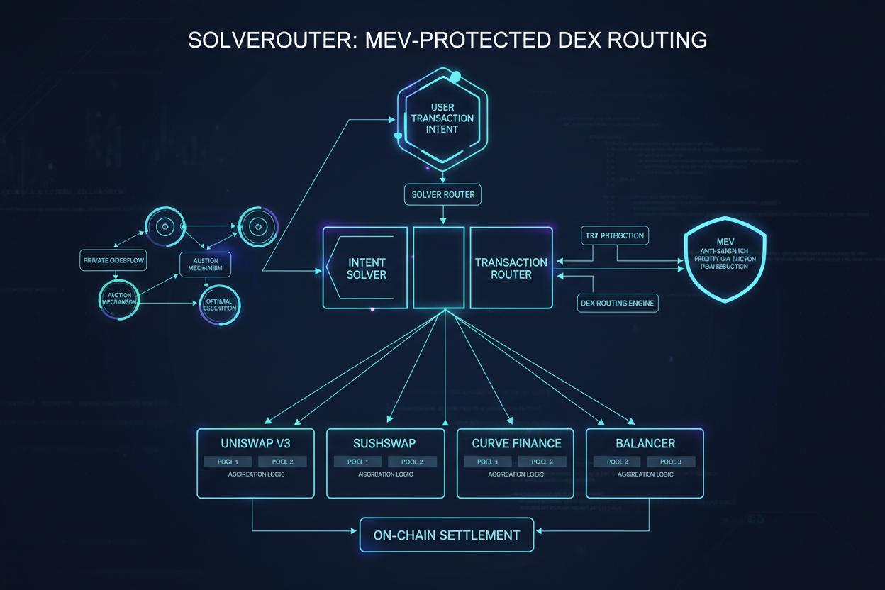 Conceptual illustration of user intent flowing to competing solvers on SolverRouter, featuring MEV shield protection and optimal DEX routing for slippage-free swaps
