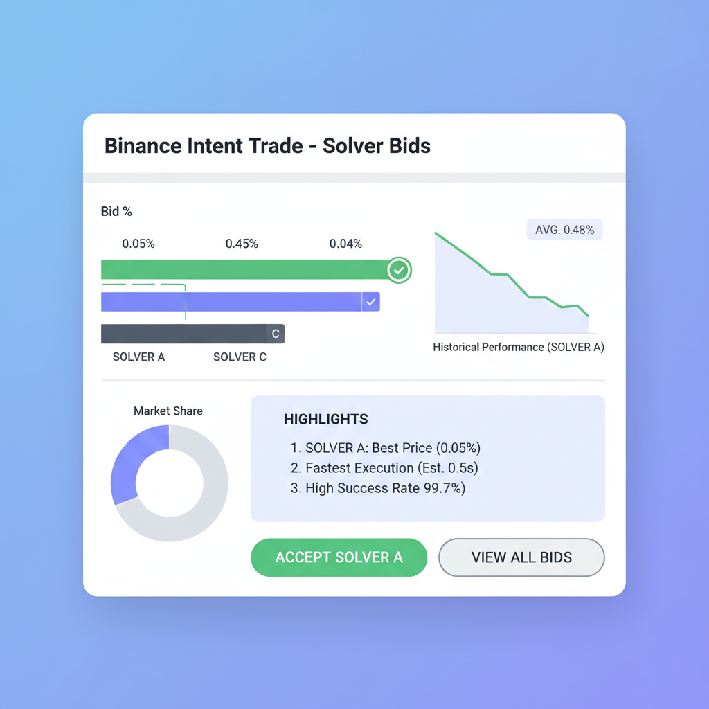 dashboard showing competing solver bids on Binance intent trade, graphs and highlights