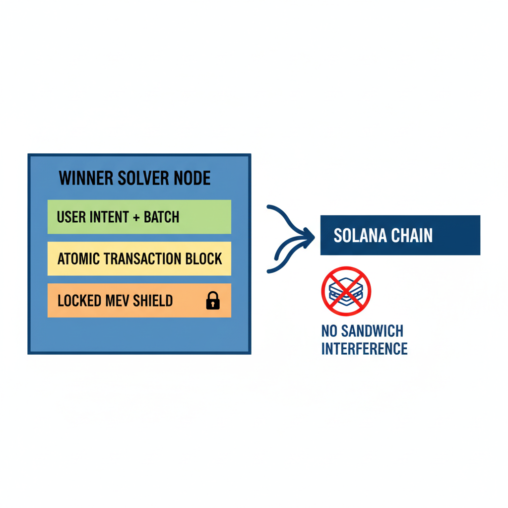 winner solver node bundling atomic transaction block with user intent and batch, locked MEV shield, arrows to Solana chain, diagram showing no sandwich interference