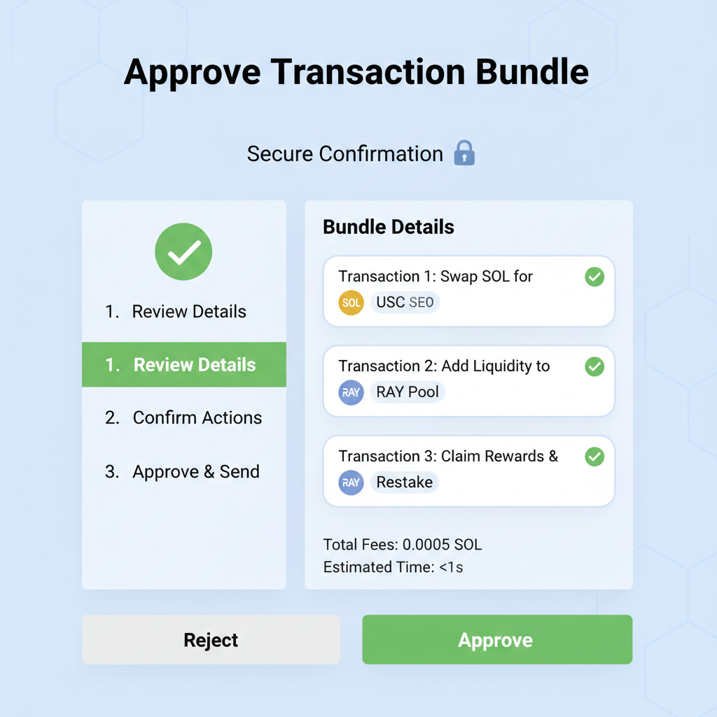 wallet approval screen for atomic transaction bundle on Solana, secure confirmation UI with bundle details