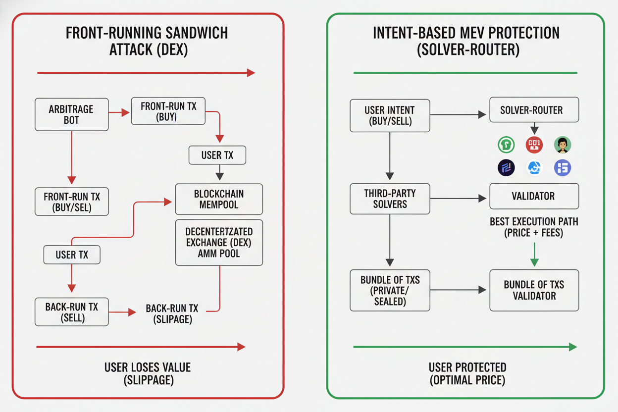 Diagram illustrating front-running sandwich attack on traditional DEX trade versus protected intent-based execution on SolverRouter with MEV protection