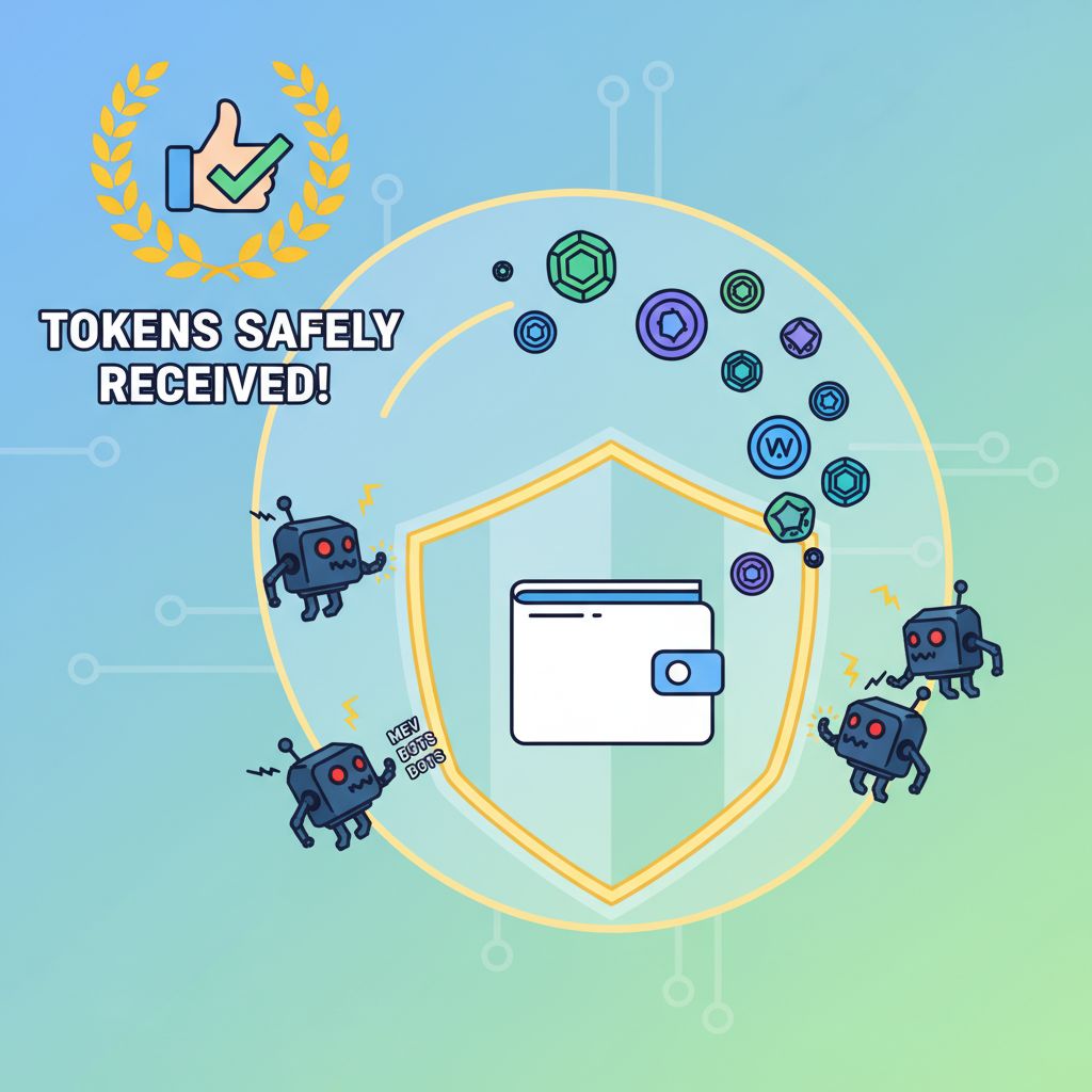tokens safely arriving in wallet, shield protecting from MEV bots, triumphant crypto victory scene