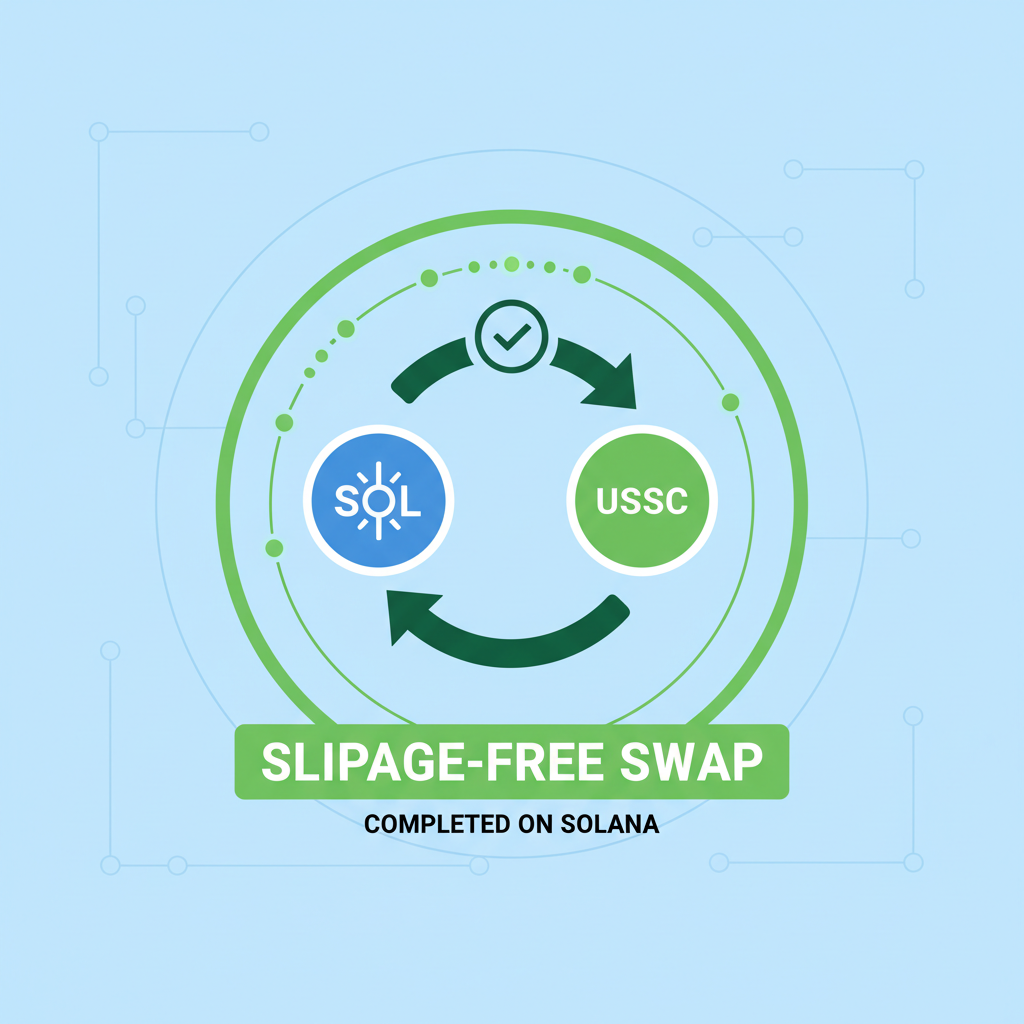 successful slippage-free token swap completion on Solana DEX, green success animation, tokens flowing securely