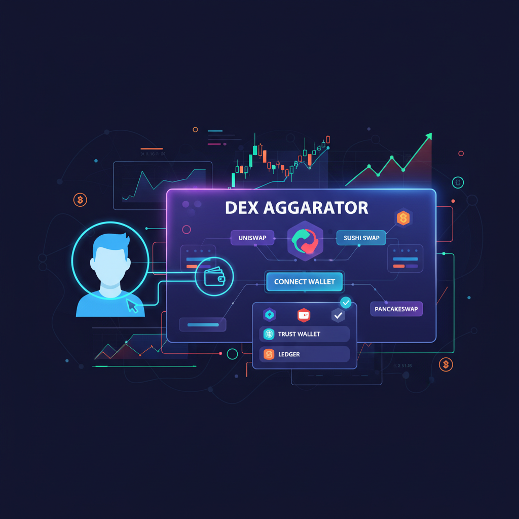 user connecting crypto wallet to DEX aggregator interface, vibrant neon UI, energetic trading dashboard