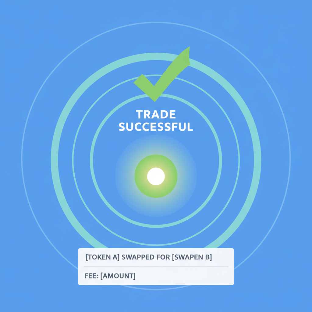 confirmation button glowing on DEX trade execution screen, success animation