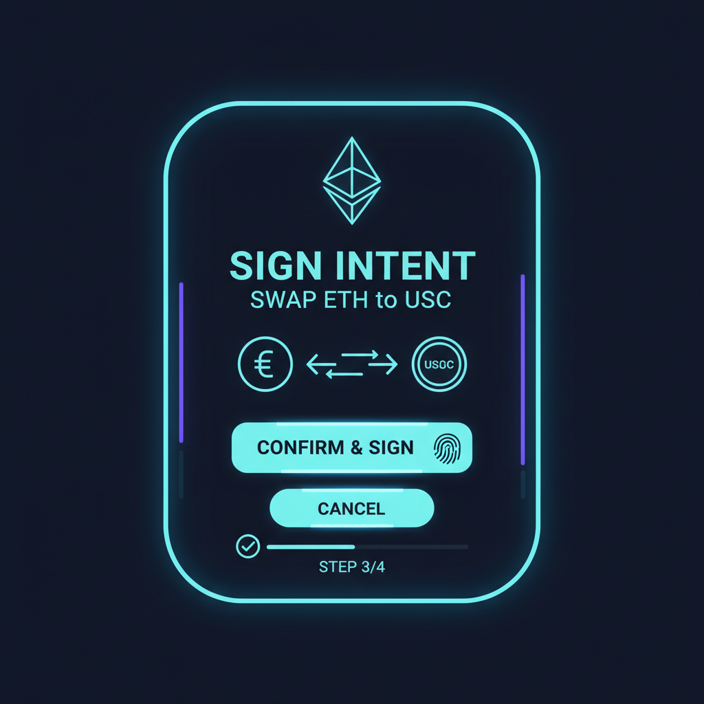 sleek wallet interface signing ETH to stablecoin swap intent, futuristic UI, neon blues, ethereum logo