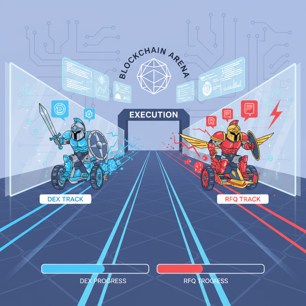 competing solvers as gladiators racing on DEX and RFQ tracks, blockchain arena, dynamic action scene